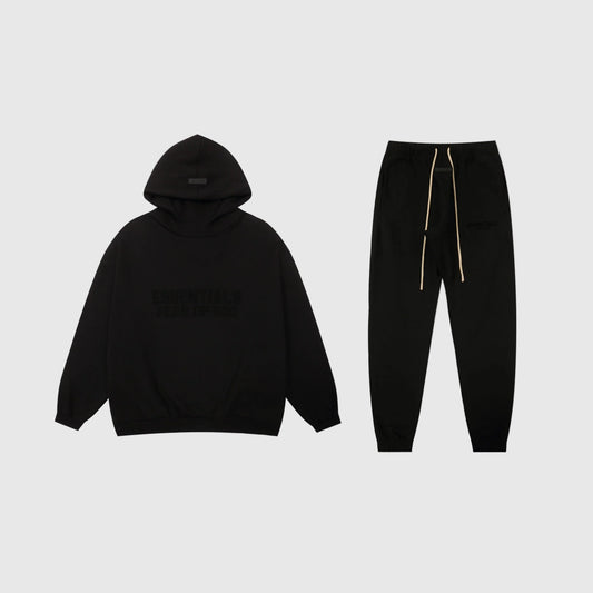 Essentials black comfort fit fleece tracksuit set with relaxed fit by Fear Of God