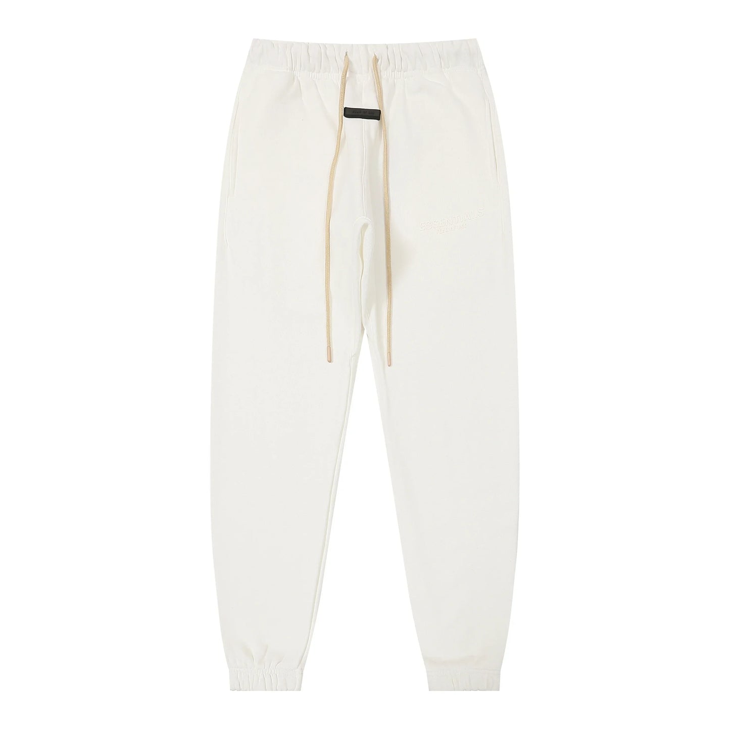 Back view of Essentials eggshell relaxed comfort fleece tracksuit set by Fear Of God