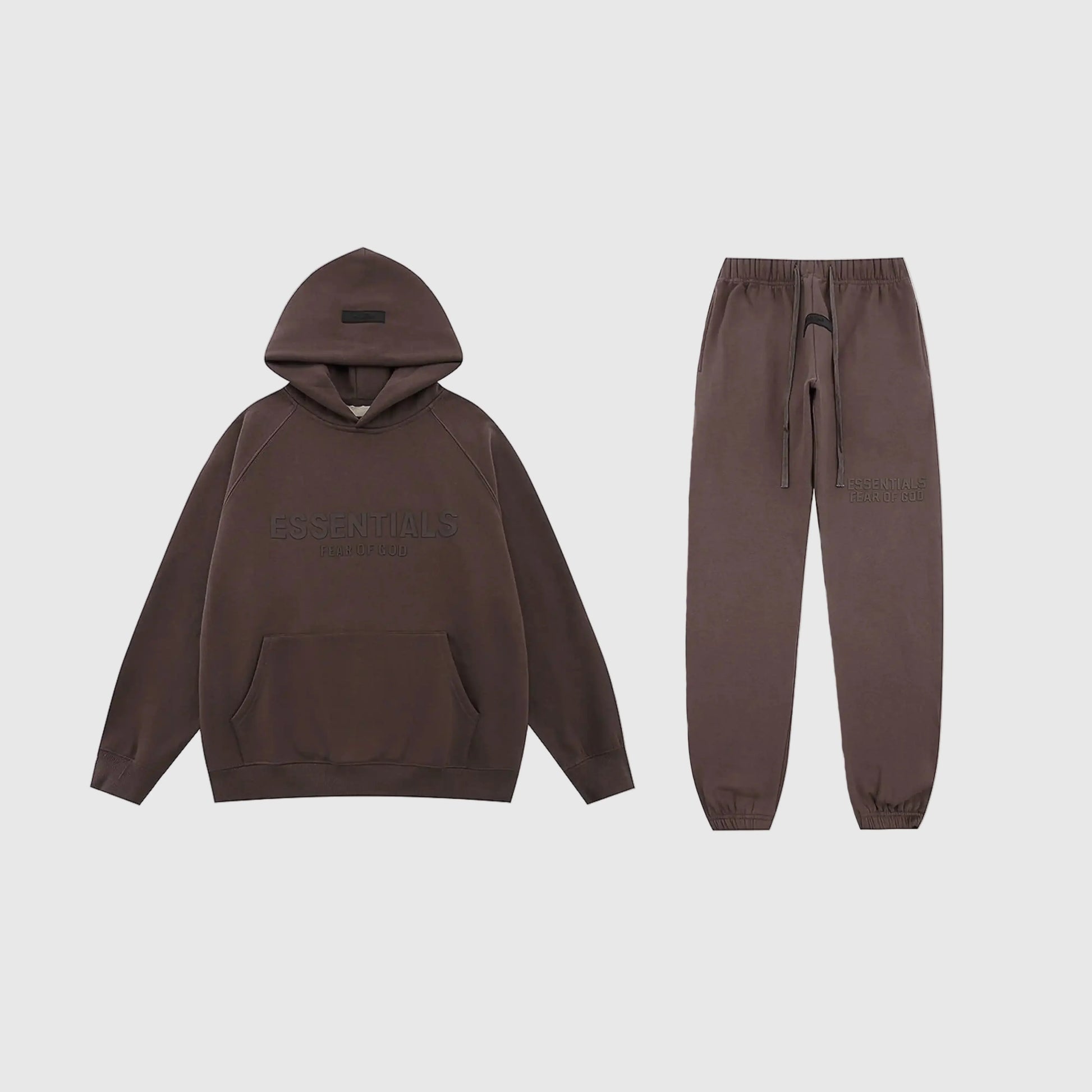 Fear of God Essentials congo brown tracksuit front view hoodie and joggers