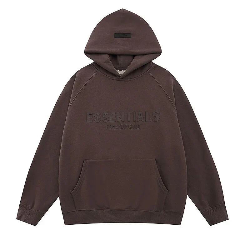 Congo brown Essentials hoodie center front rubberized black bar branding detail
