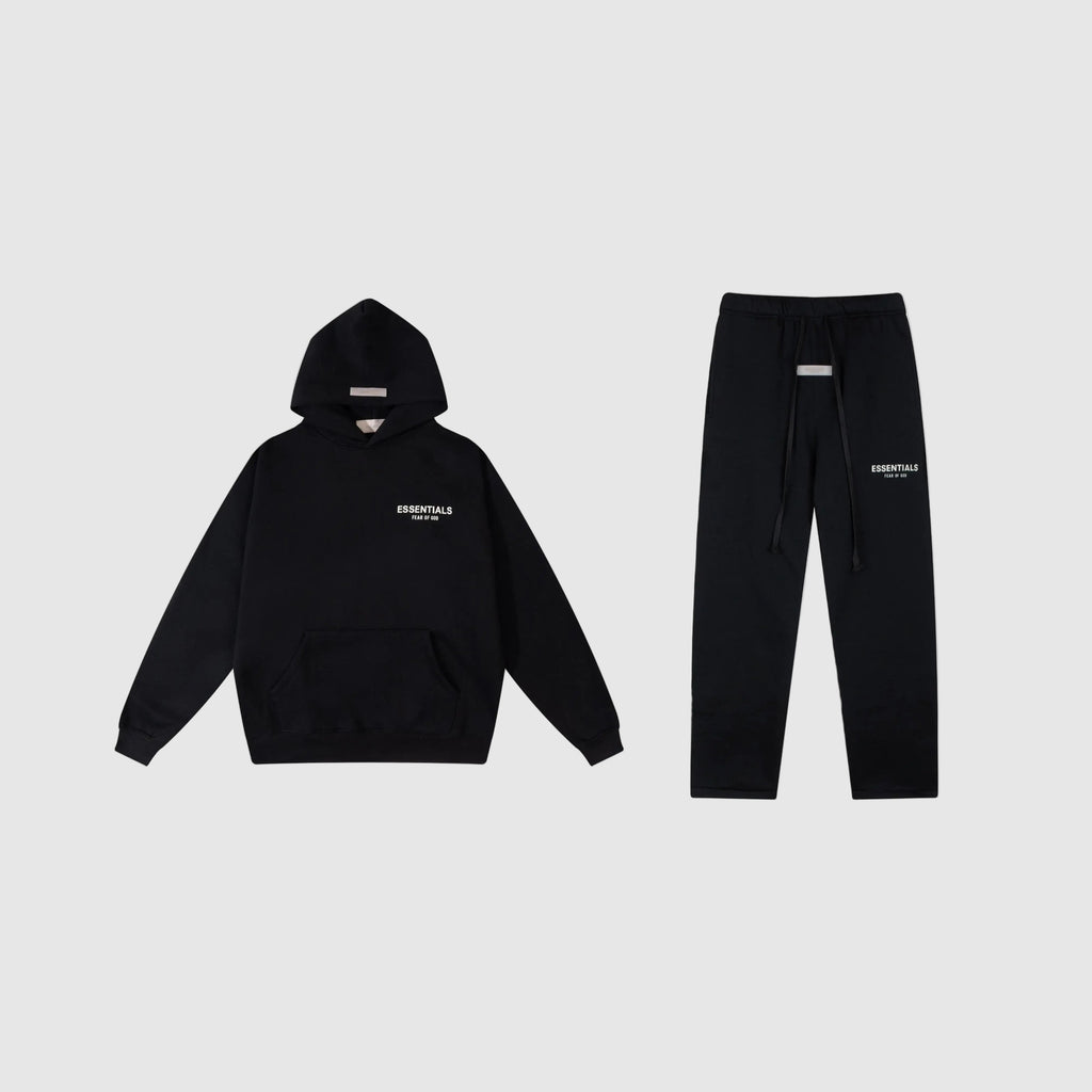 White Font Fear of God ESSENTIALS Clothing Black Hooded Tracksuit 1