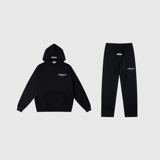 Fear of God Essentials black tracksuit front view hoodie and joggers