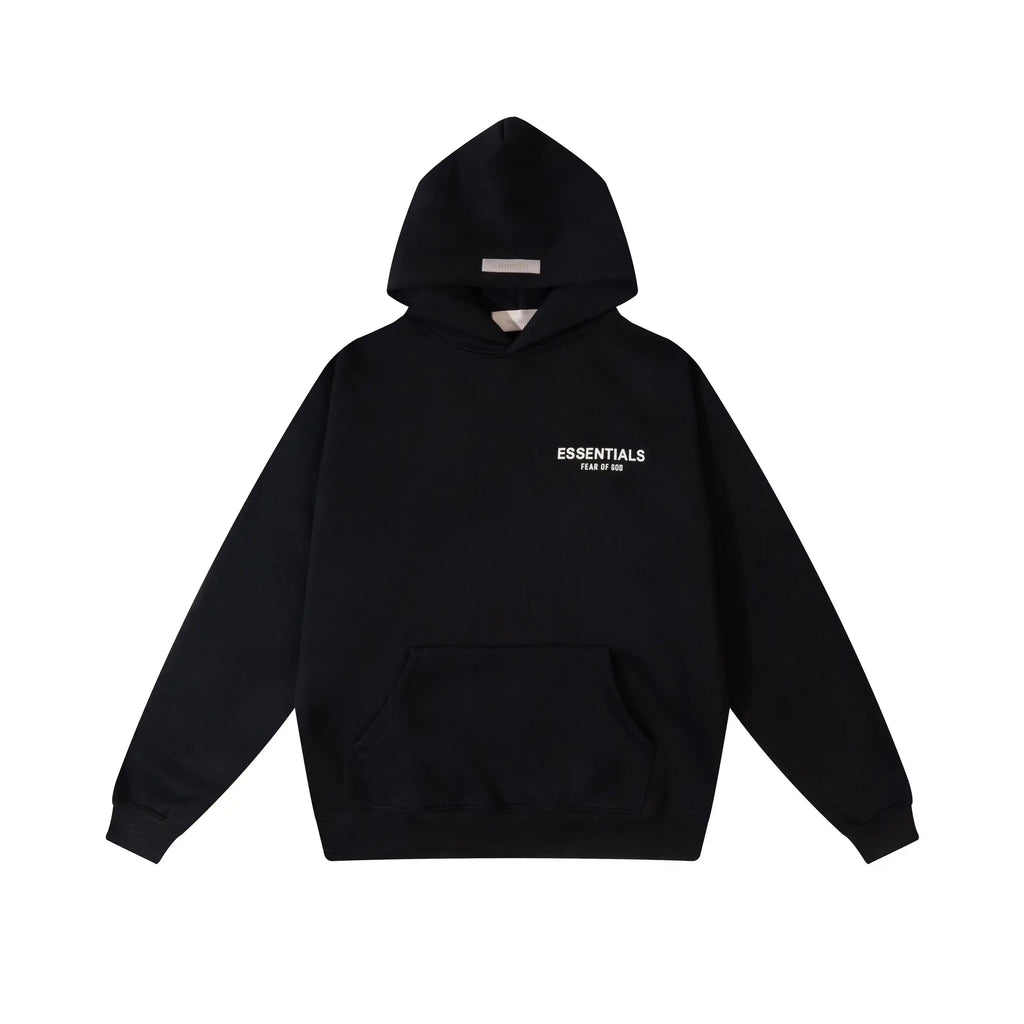 White Font Fear of God ESSENTIALS Clothing Black Hooded Tracksuit 3