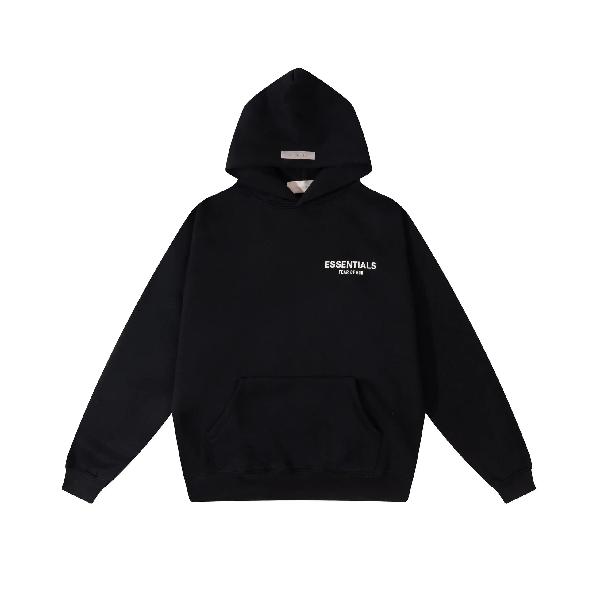 Black Essentials hoodie mock neckline and center front black bar branding