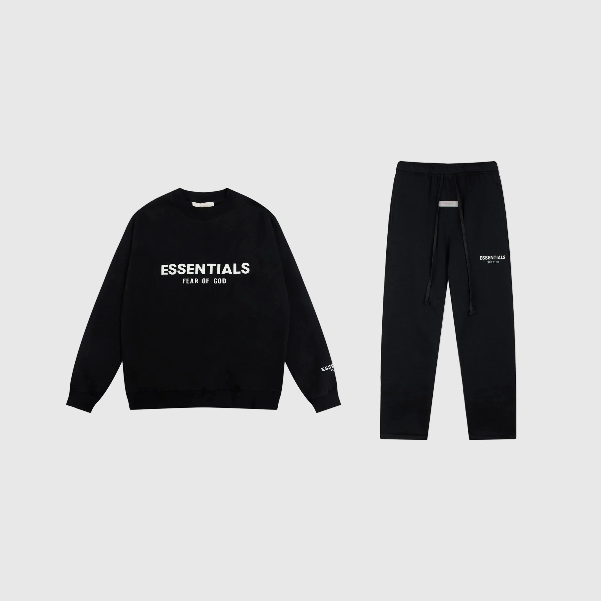 Fear of God Essentials black tracksuit front view crewneck and joggers