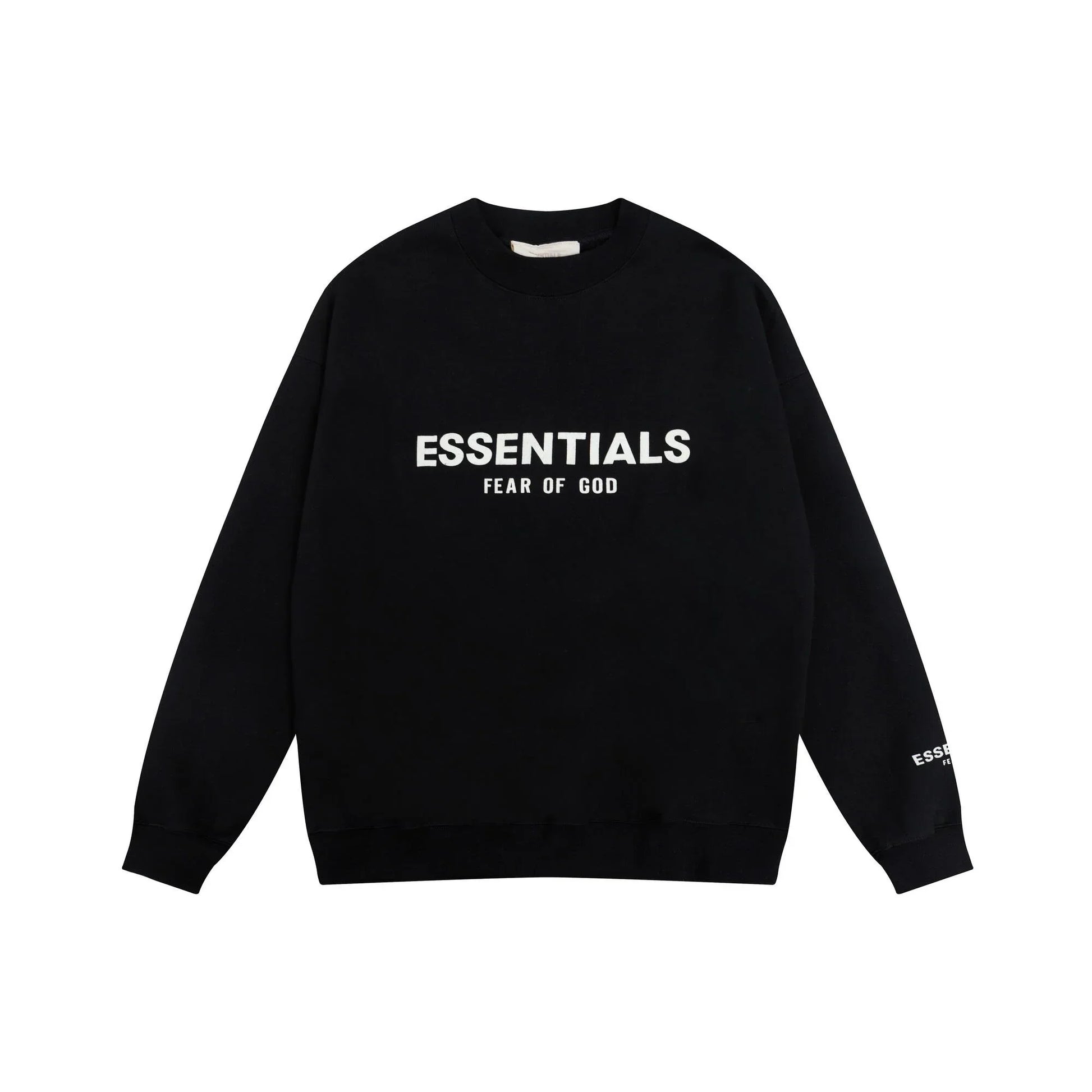 Black Essentials crewneck center front rubberized black bar branding detail