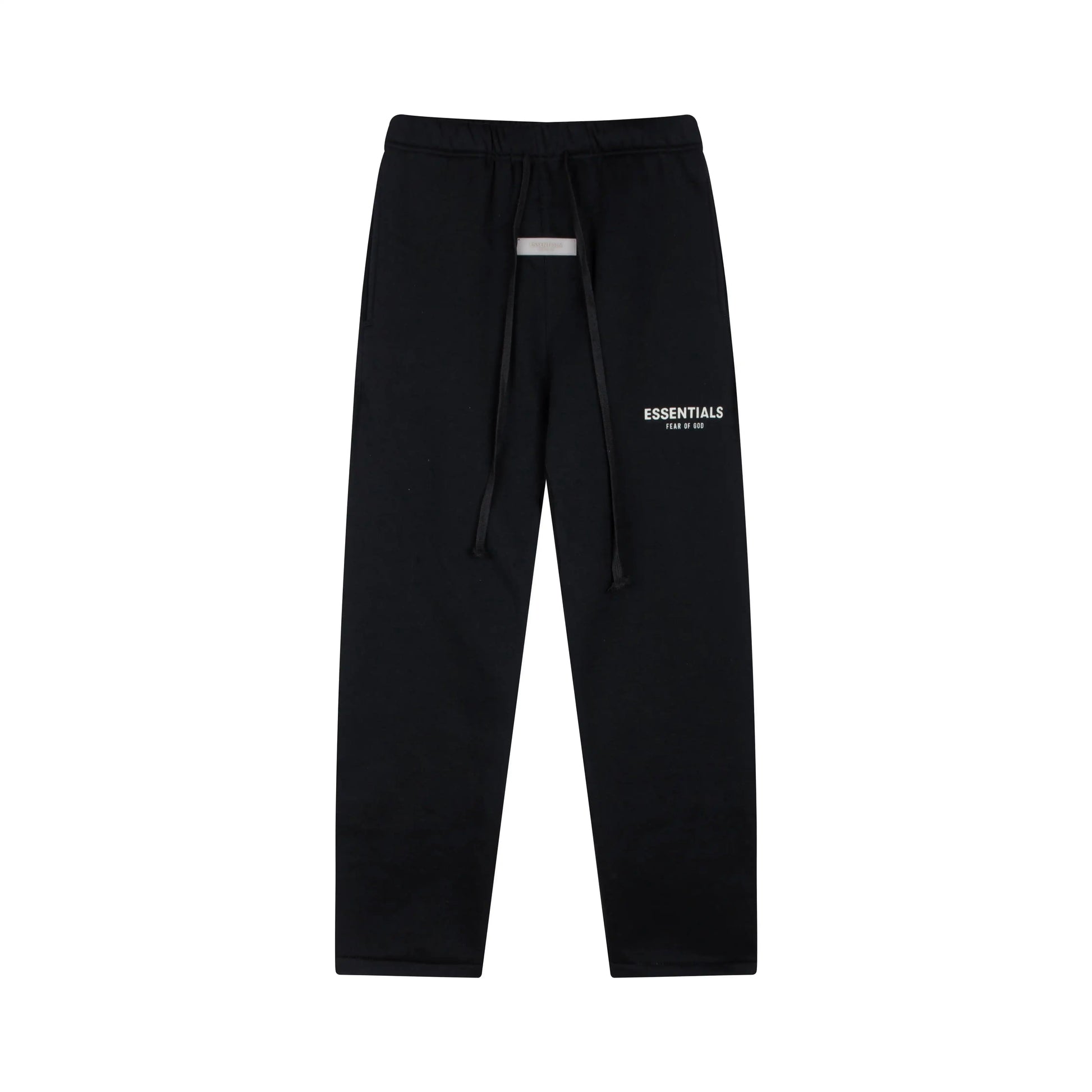 Black Essentials joggers soft-touch rubberized logo on leg close-up