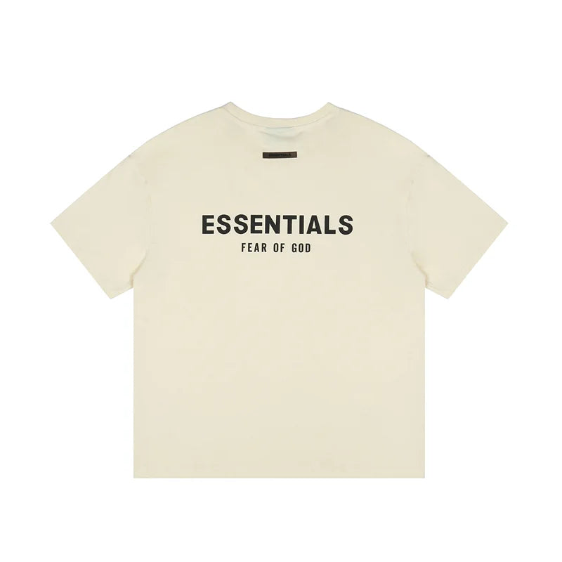 Essentials cream relaxed tee by Fear of God paired with sweatshirts essentials