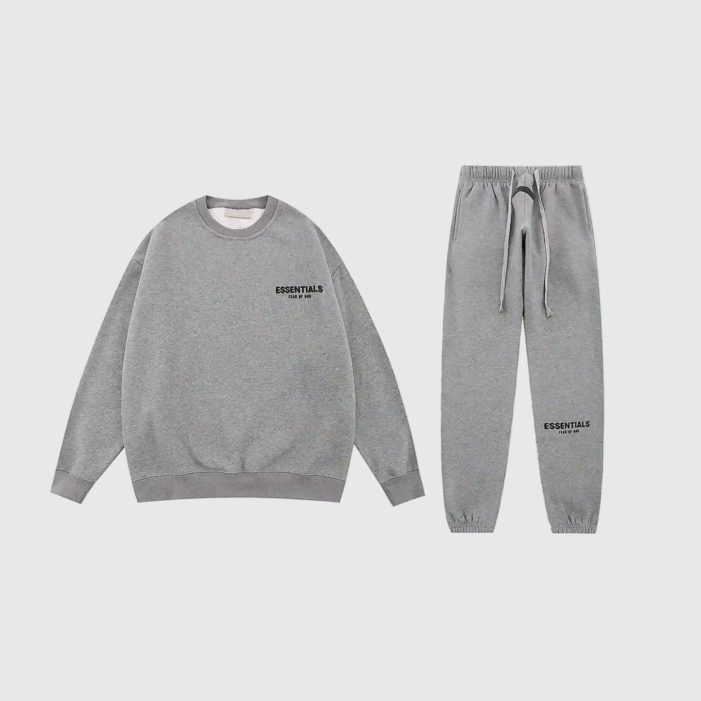 Essentials dark heather oatmeal fleece set with relaxed casual fit by Fear Of God