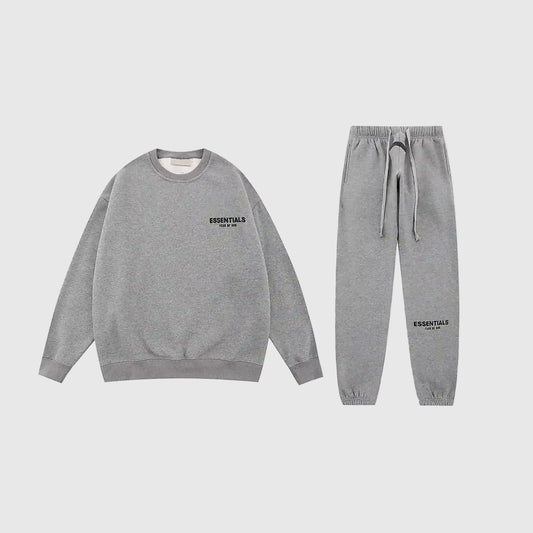 Essentials dark heather oatmeal fleece set with relaxed casual fit by Fear Of God