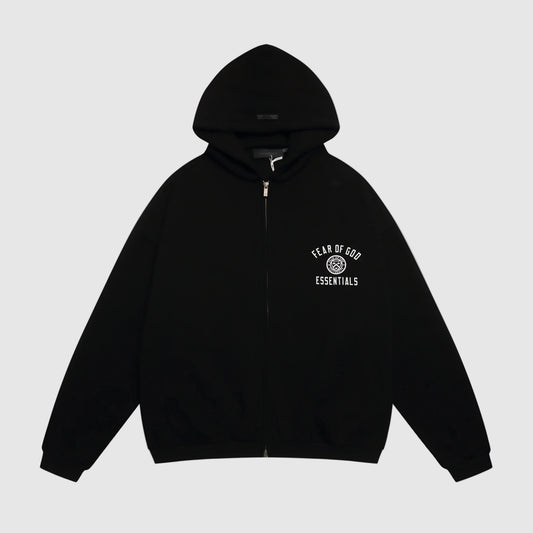 essentials black zip hoodie relaxed fit streetwear