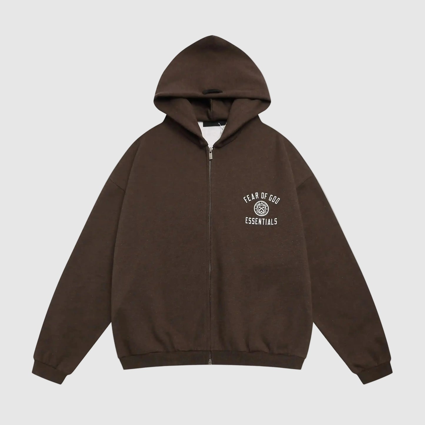 essentials brown zip hoodie relaxed fit streetwear