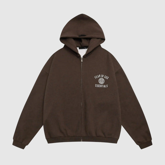 essentials brown zip hoodie relaxed fit streetwear