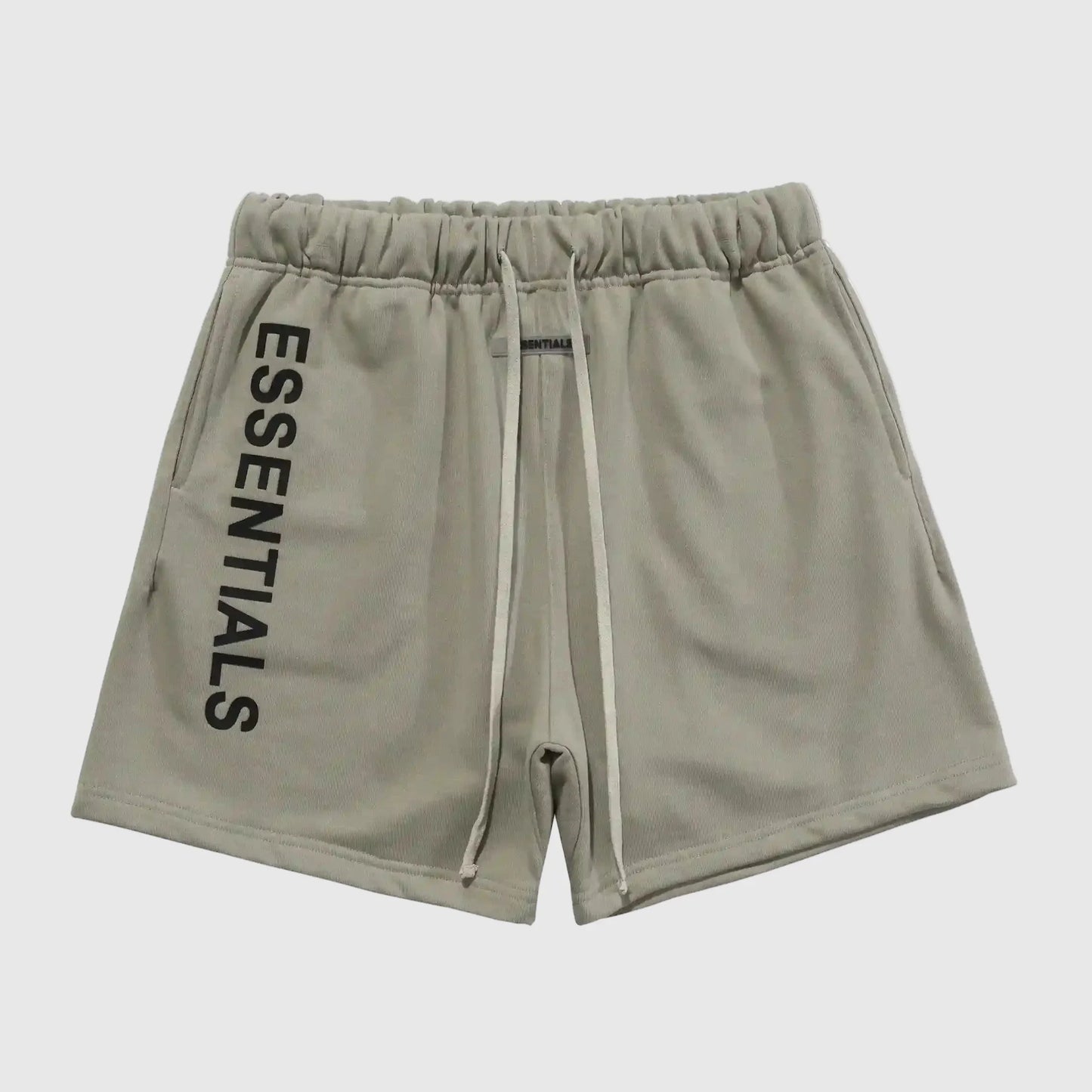 Front view of Fear of God Essentials heather grey sweat shorts with drawstring waistband and logo patch.