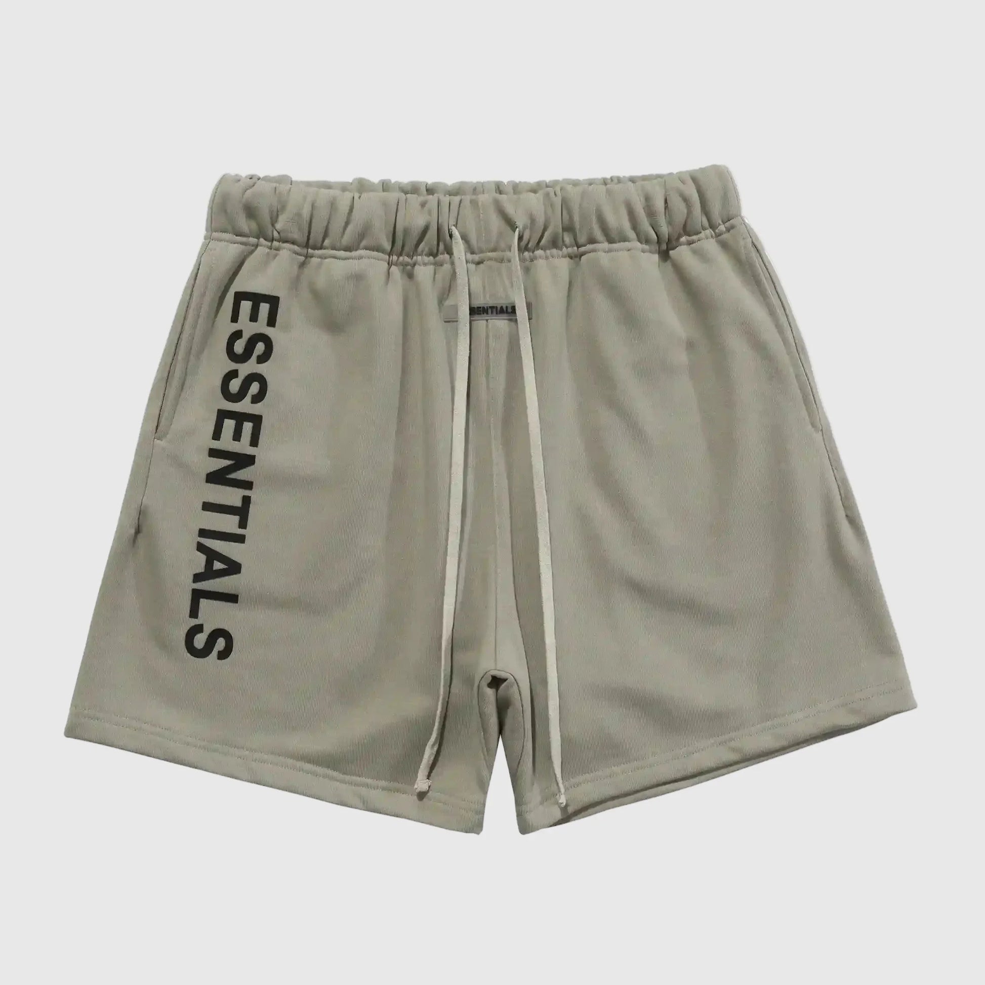 Front view of Fear of God Essentials heather grey sweat shorts with drawstring waistband and logo patch.