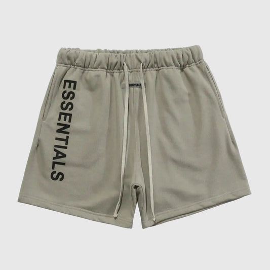 Front view of Fear of God Essentials heather grey sweat shorts with drawstring waistband and logo patch.