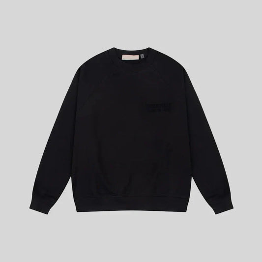 Fear of God Essentials black crewneck sweatshirt front view 380gsm core fleece