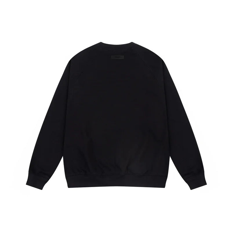 Essentials black sweatshirt back view beveled logo branding