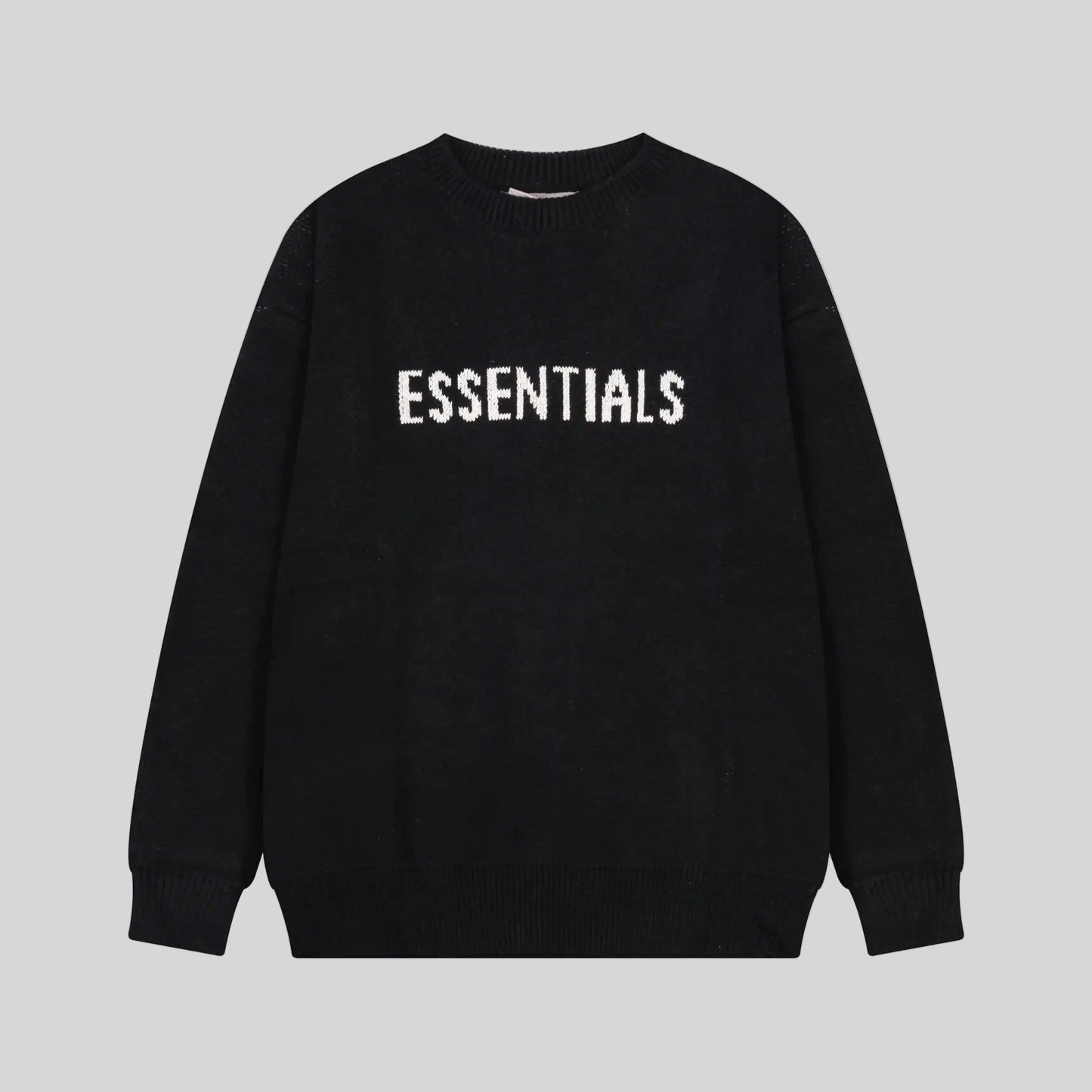 Fear of God Essentials black crewneck sweatshirt front view 380gsm core fleece