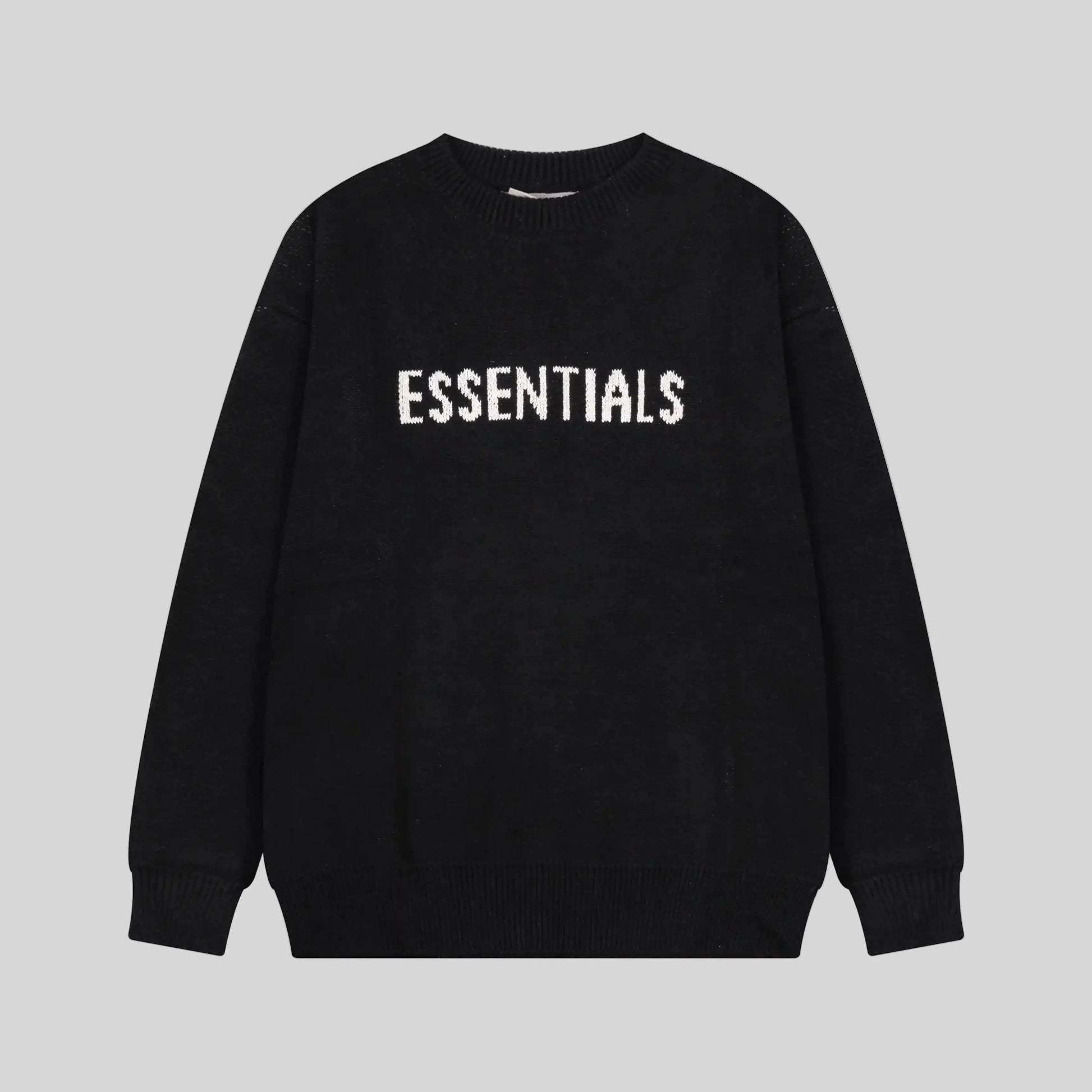 Fear of God Essentials black crewneck sweatshirt front view 380gsm core fleece
