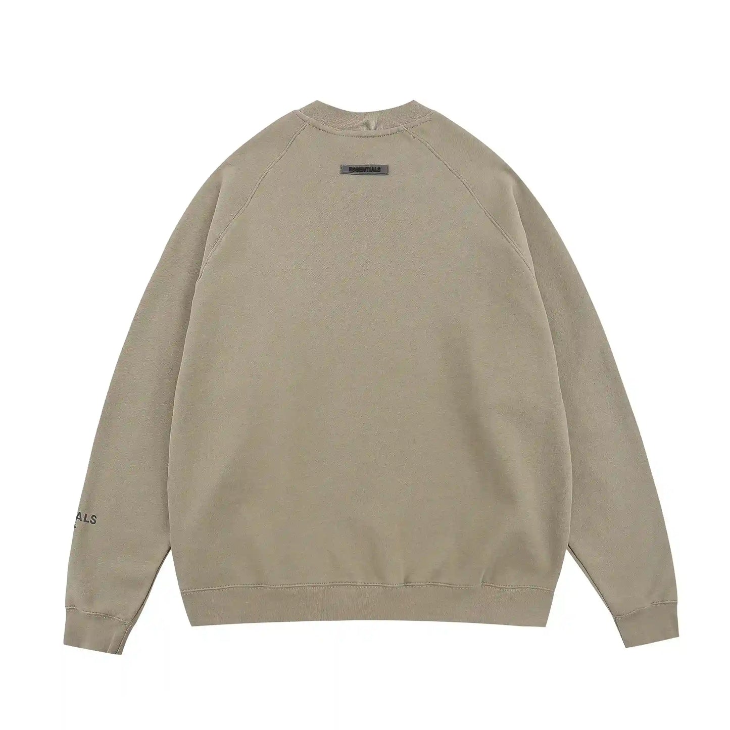 Essentials heathered grey sweatshirt back view long sleeves beveled logo branding
